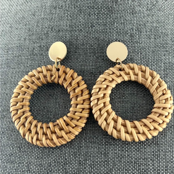 Rattan Earrings Statement Hoop Earrings for Women Straw Earrings Woven Dangle - Picture 2 of 2